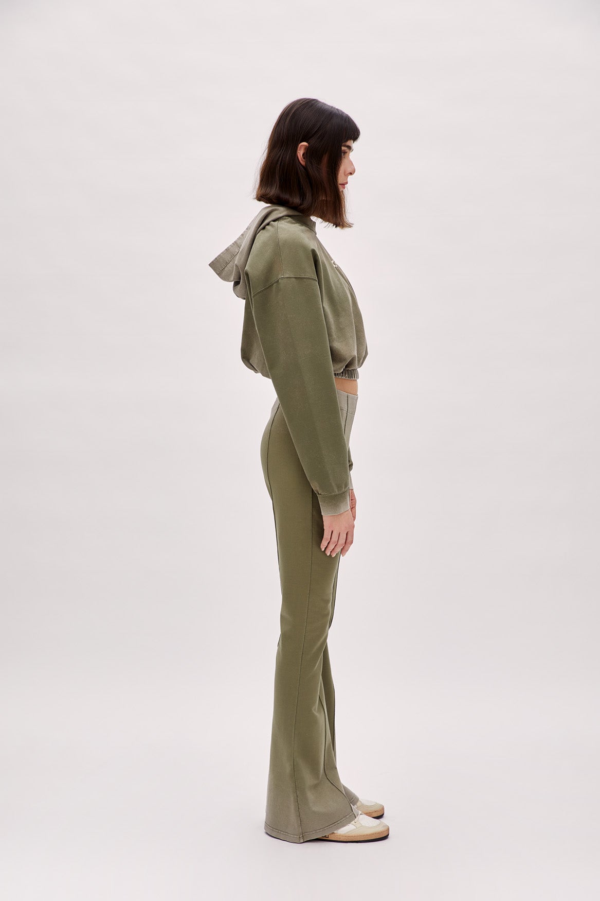 Cotton Acid Washed Crop Hoodie - Covert Green